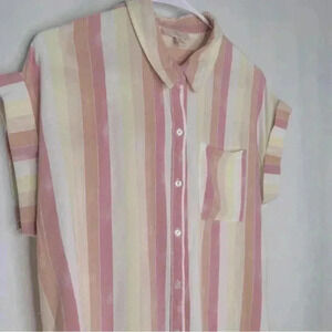 Como Vintage Button Down Rayon Pastel Striped Shirt Short Sleeve Size M